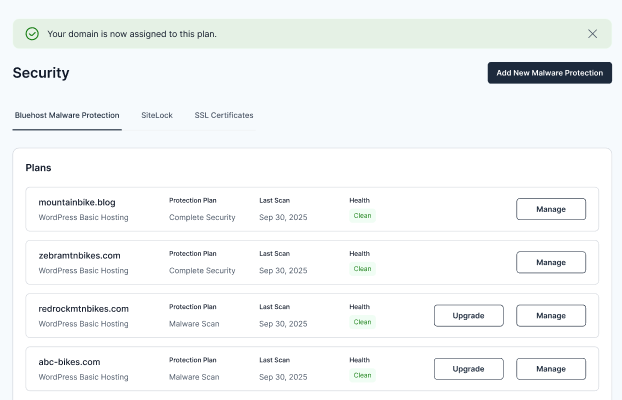 Bluehost Portal - Security tab - Complete Security - Assign Domain Confirmation - Successful